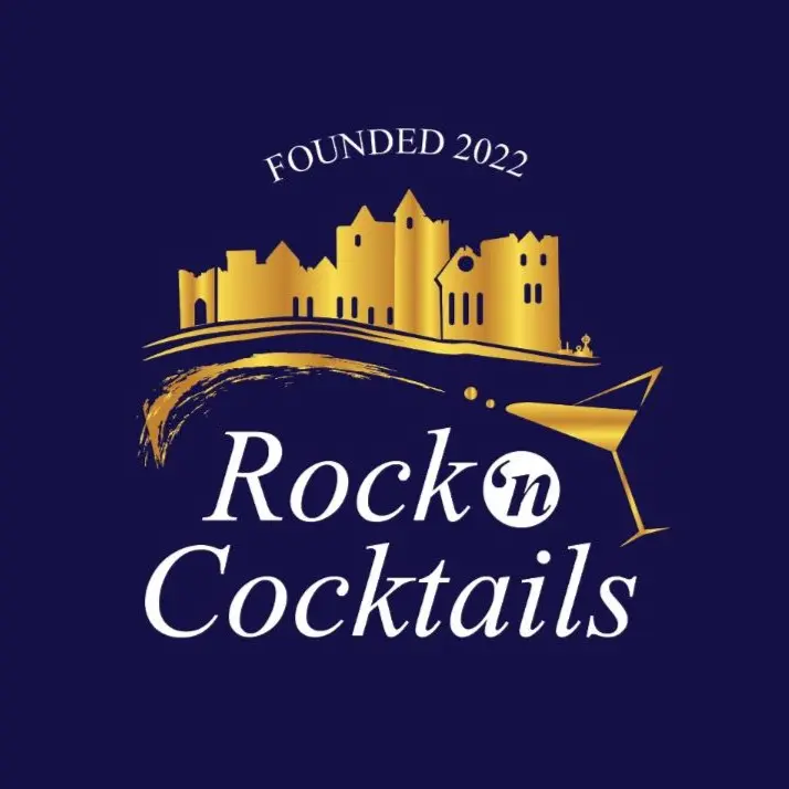 Blue background with the "Rock ‘n Cocktails" logo, gold illustrations of The Rock of Cashel, and the text "Founded 2022"
